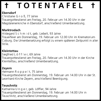 Anzeige von Totentafel vom 18.02.2015 von MGO