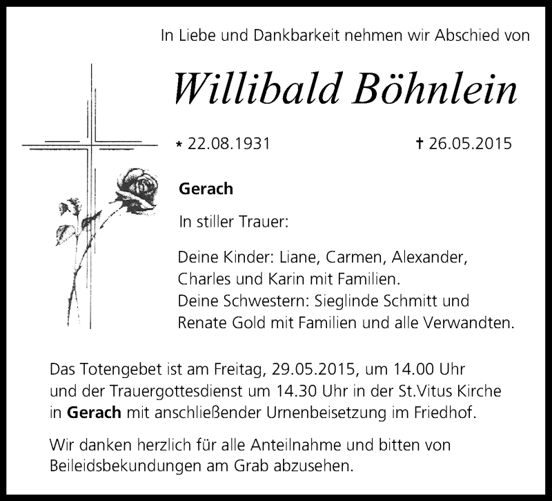  Traueranzeige für Willibald Böhnlein vom 28.05.2015 aus MGO