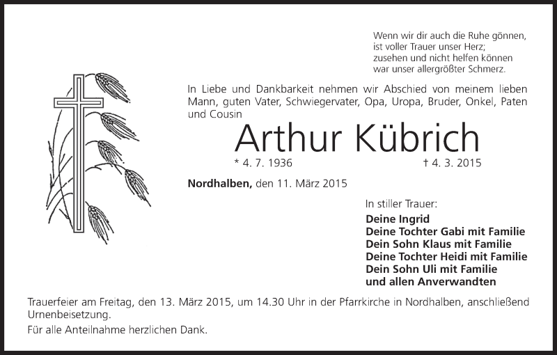  Traueranzeige für Arthur Kübrich vom 11.03.2015 aus MGO