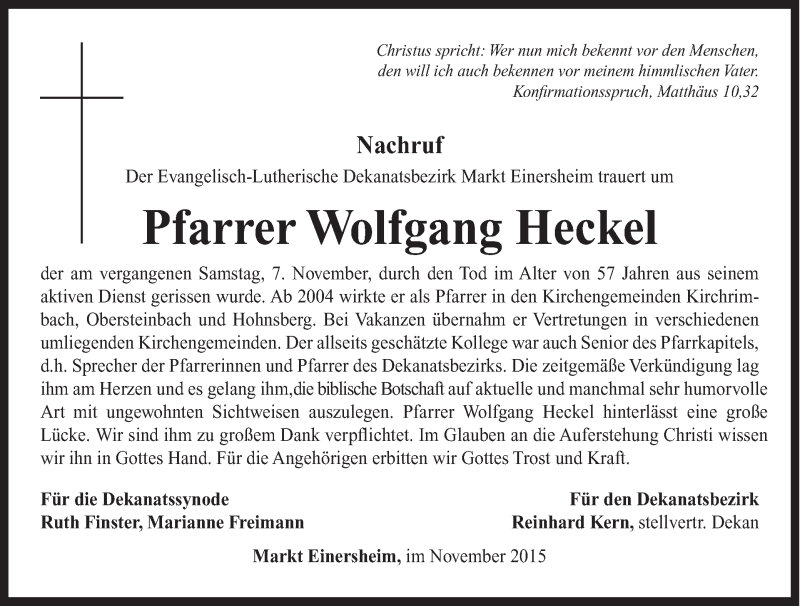  Traueranzeige für Wolfgang Heckel vom 13.11.2015 aus MGO