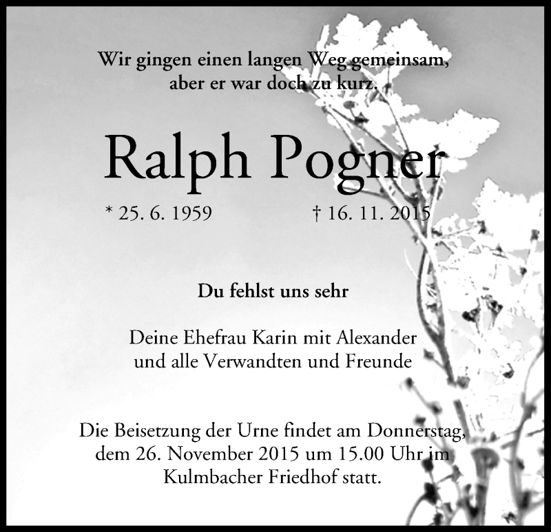  Traueranzeige für Ralph Pogner vom 23.11.2015 aus MGO