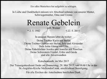 Anzeige von Renate Gebelein von MGO