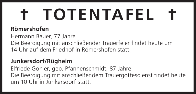  Traueranzeige für Totentafel vom 20.02.2015 vom 20.02.2015 aus MGO