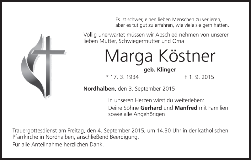  Traueranzeige für Marga Köstner vom 03.09.2015 aus MGO