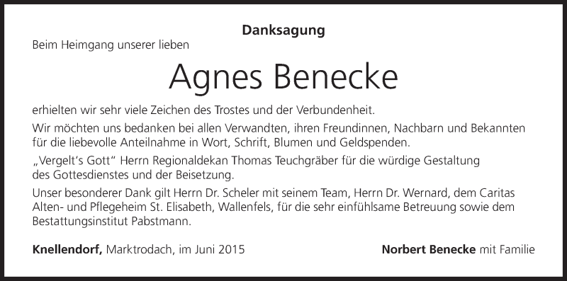  Traueranzeige für Agnes Benecke vom 03.06.2015 aus MGO