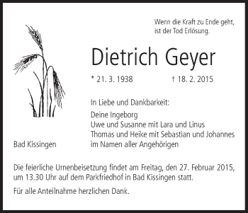 Anzeige von Dietrich Geyer von MGO