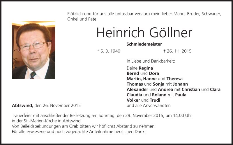  Traueranzeige für Heinrich Göllner vom 28.11.2015 aus MGO