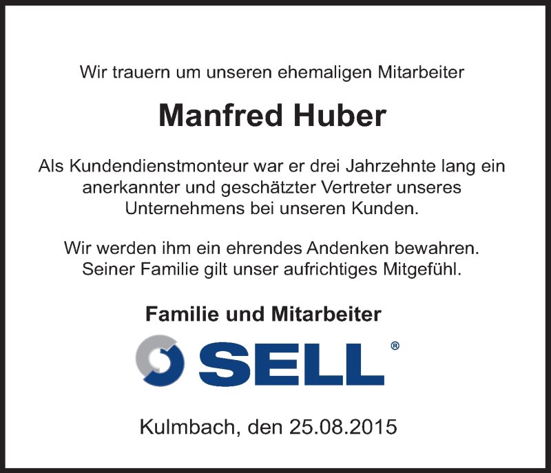  Traueranzeige für Manfred Huber vom 26.08.2015 aus MGO