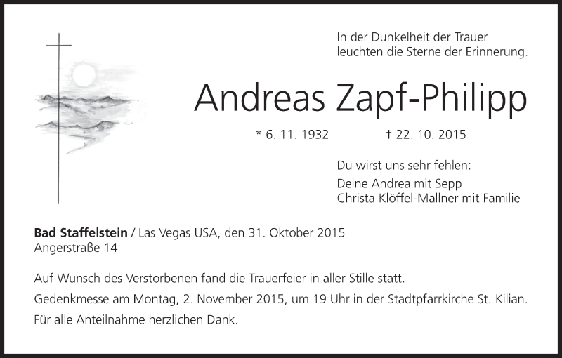  Traueranzeige für Andreas Zapf-Philipp vom 31.10.2015 aus MGO