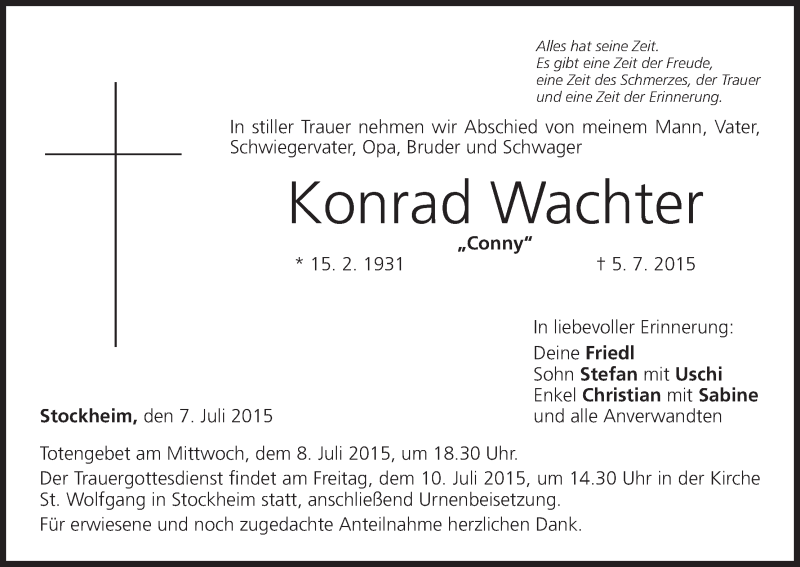  Traueranzeige für Konrad Wachter vom 07.07.2015 aus MGO
