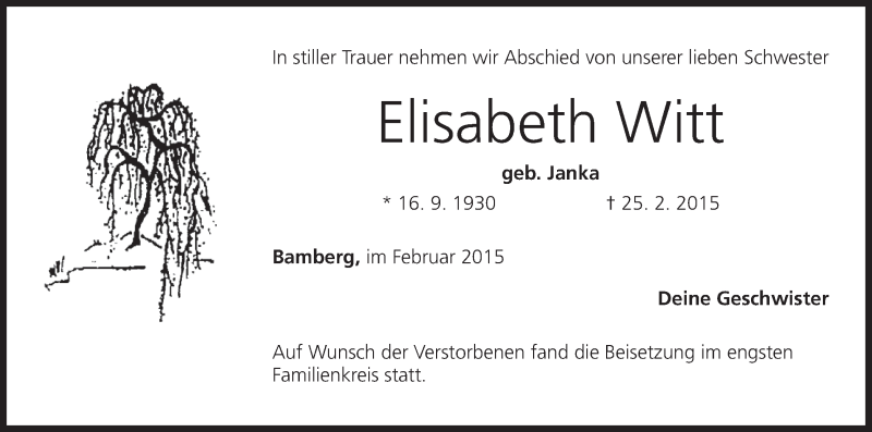  Traueranzeige für Elisabeth Witt vom 28.02.2015 aus MGO