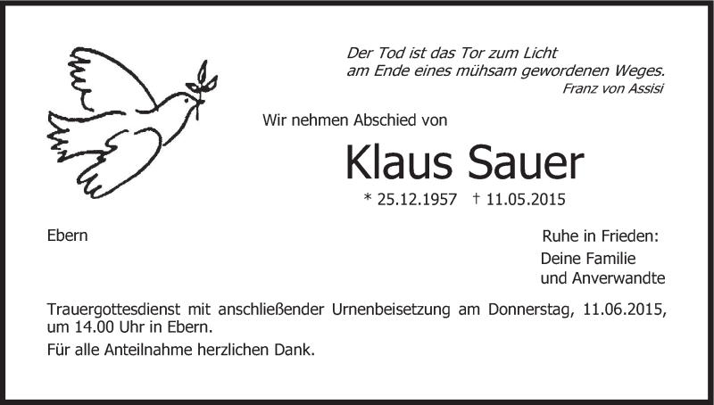  Traueranzeige für Klaus Sauer vom 09.06.2015 aus MGO