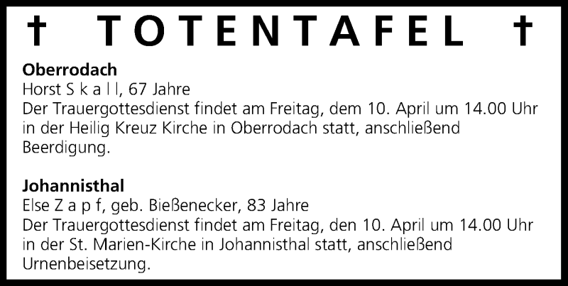  Traueranzeige für Totentafel, vom 09.04.2015 vom 09.04.2015 aus MGO