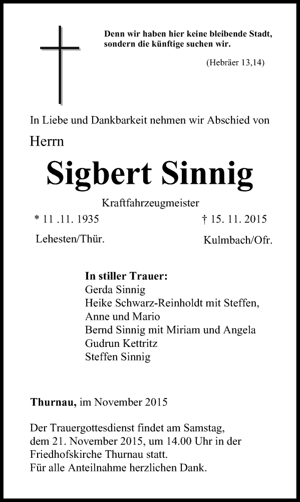  Traueranzeige für Sigbert Sinnig vom 18.11.2015 aus MGO