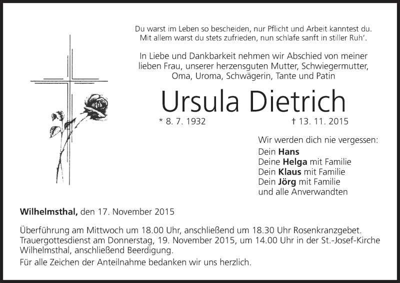 Traueranzeige für Ursula Dietrich vom 17.11.2015 aus MGO