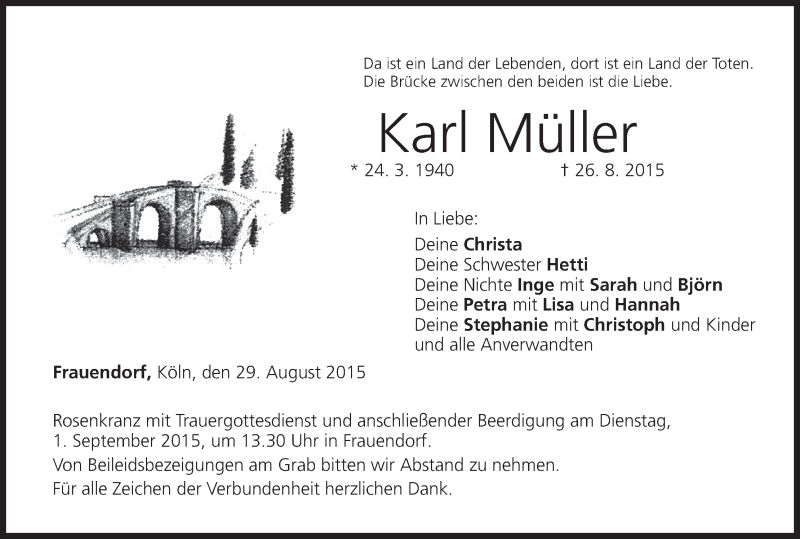  Traueranzeige für Karl Müller vom 29.08.2015 aus MGO