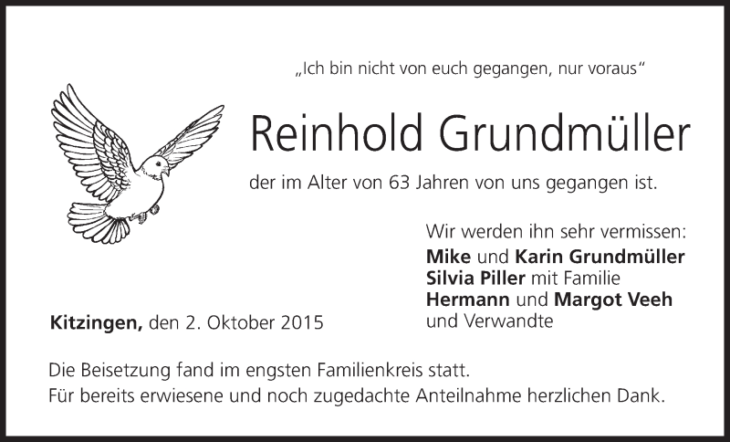  Traueranzeige für Reinhold Grundmüller vom 10.10.2015 aus MGO