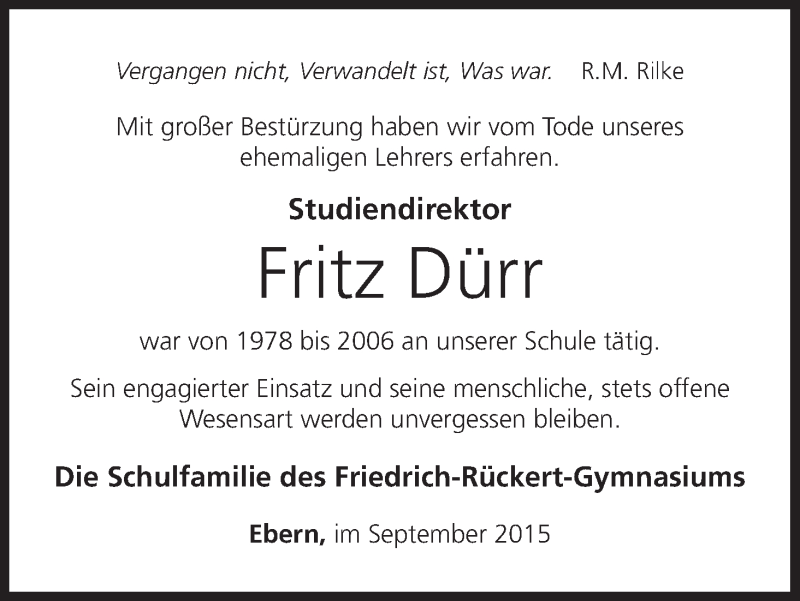  Traueranzeige für Fritz Dürr vom 08.09.2015 aus MGO