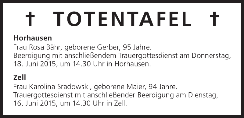  Traueranzeige für Totentafel vom 16.06.2015 vom 16.06.2015 aus MGO