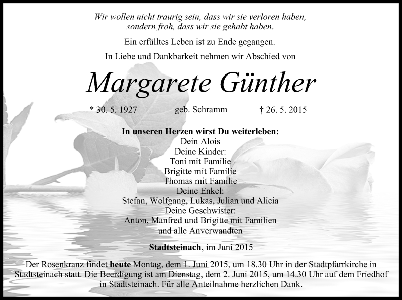  Traueranzeige für Margarete Günther vom 01.06.2015 aus MGO