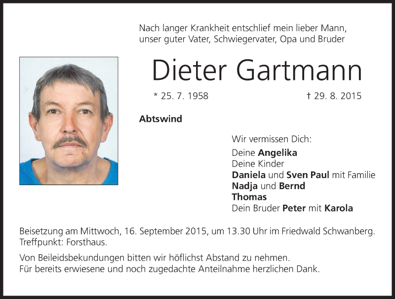  Traueranzeige für Dieter Gartmann vom 10.09.2015 aus MGO