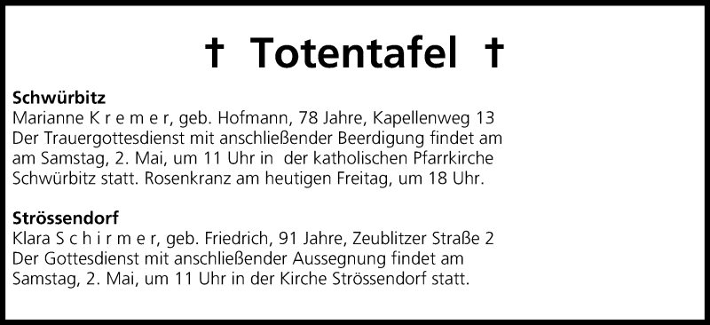  Traueranzeige für Totentafel 01.05.2015 vom 01.05.2015 aus MGO