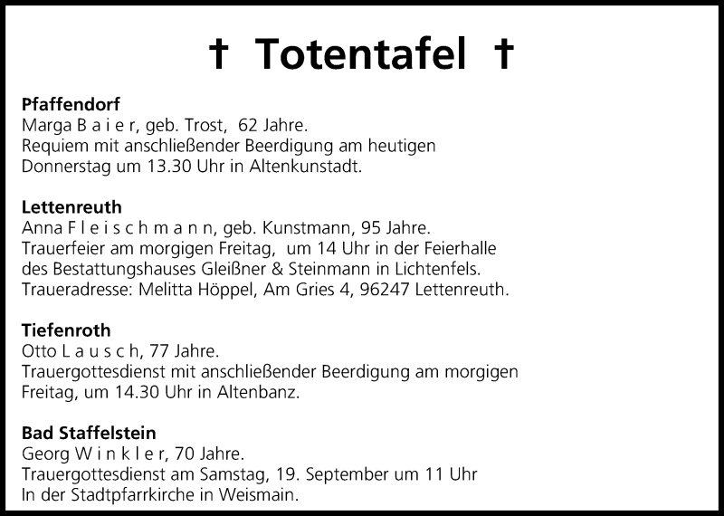  Traueranzeige für Totentafel vom 17.09.2015 vom 17.09.2015 aus MGO