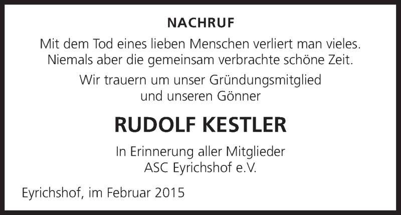  Traueranzeige für Rudolf Kestler vom 26.02.2015 aus MGO