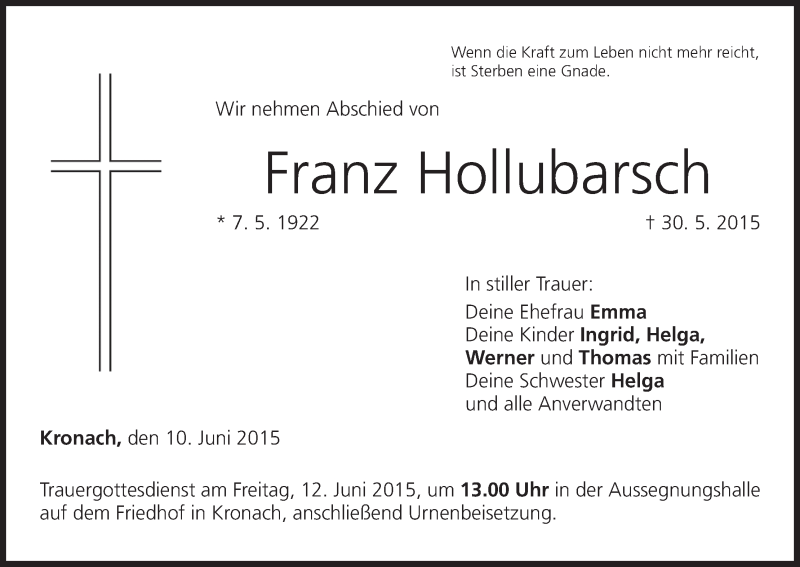  Traueranzeige für Franz Hollubarsch vom 10.06.2015 aus MGO