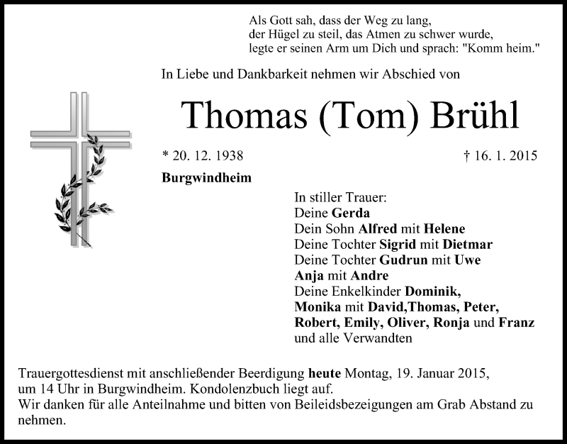  Traueranzeige für Thomas Brühl vom 19.01.2015 aus MGO