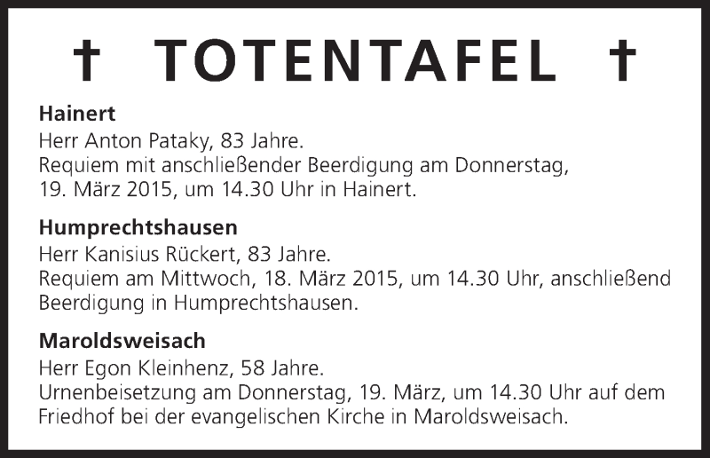  Traueranzeige für Totentafel vom 17.03.2015 vom 17.03.2015 aus MGO