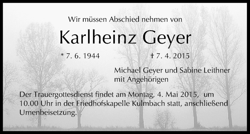  Traueranzeige für Karlheinz Geyer vom 29.04.2015 aus MGO