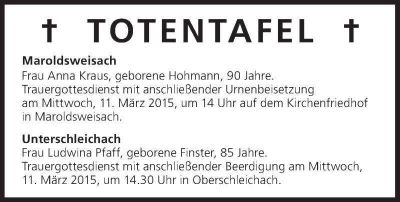  Traueranzeige für Totentafel vom 10.03.2015 vom 10.03.2015 aus MGO