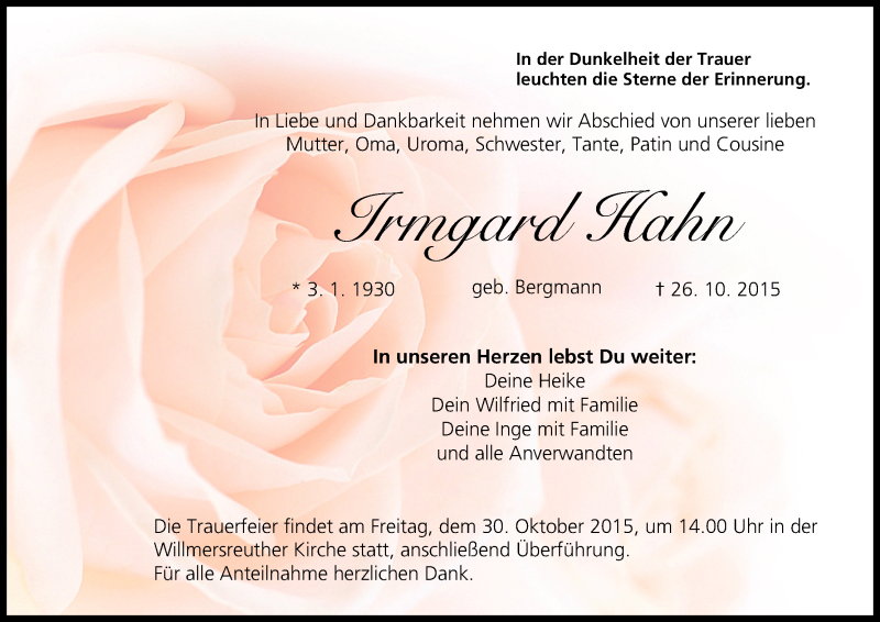  Traueranzeige für Irmgard Hahn vom 29.10.2015 aus MGO