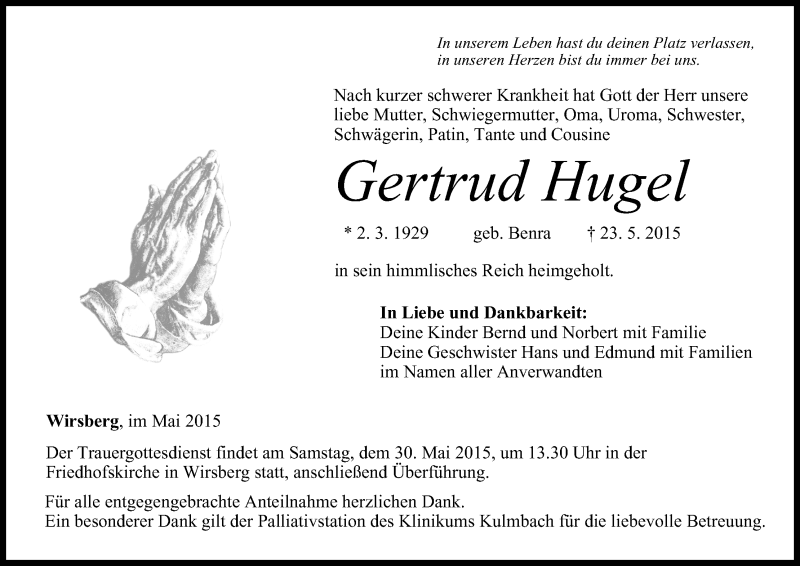  Traueranzeige für Gertrud Hugel vom 28.05.2015 aus MGO