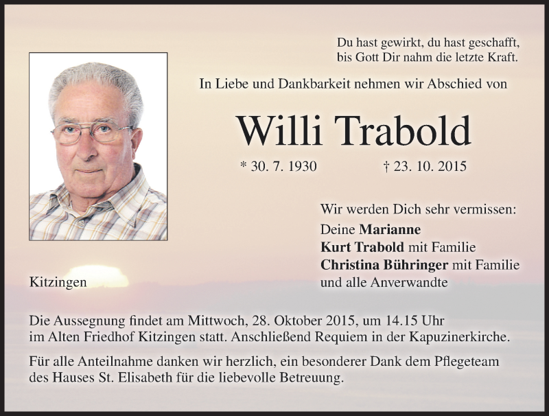  Traueranzeige für Willi Trabold vom 27.10.2015 aus MGO