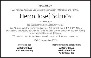 Anzeige von Josef Schnös von MGO