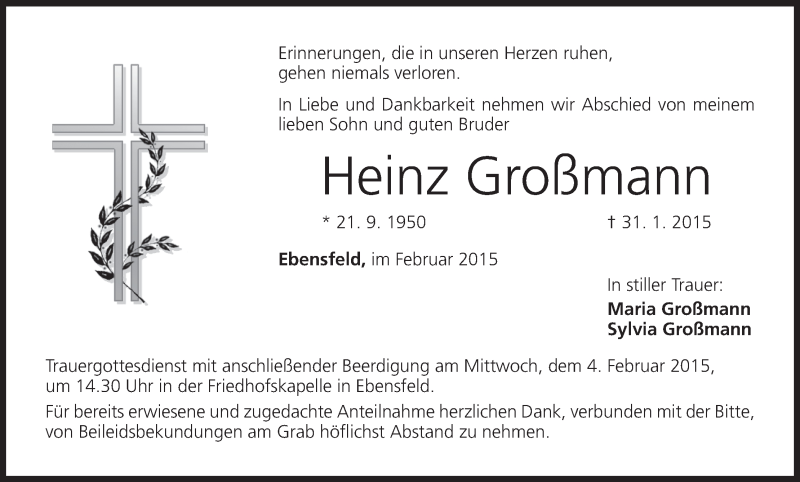 Traueranzeige für Heinz Großmann vom 03.02.2015 aus MGO