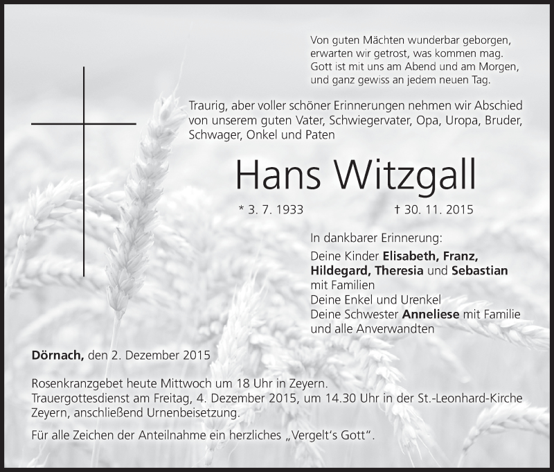  Traueranzeige für Hans Witzgall vom 02.12.2015 aus MGO