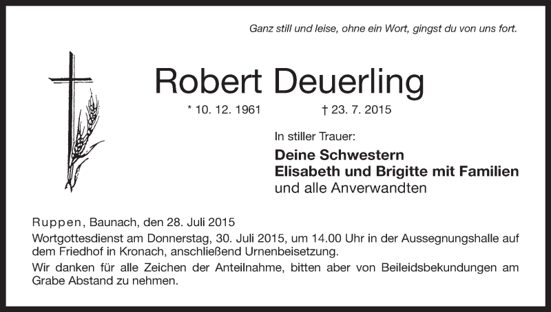  Traueranzeige für Robert Deuerling vom 28.07.2015 aus MGO