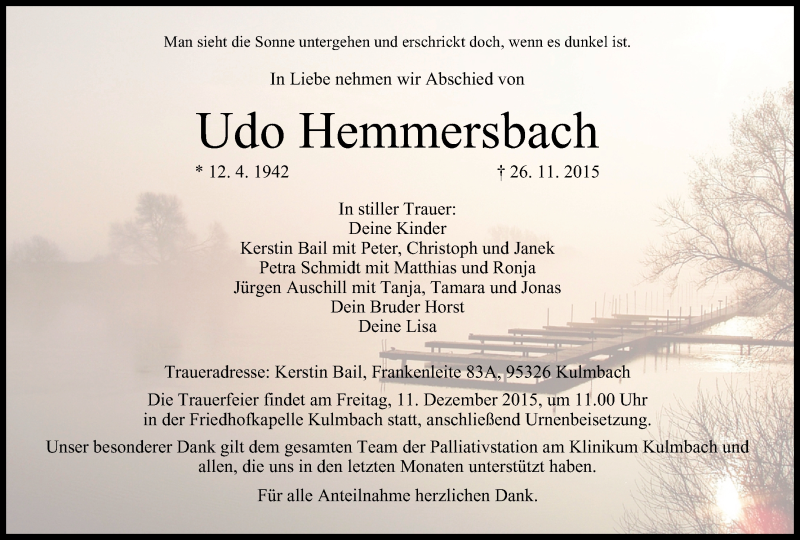  Traueranzeige für Udo Hemmersbach vom 05.12.2015 aus MGO