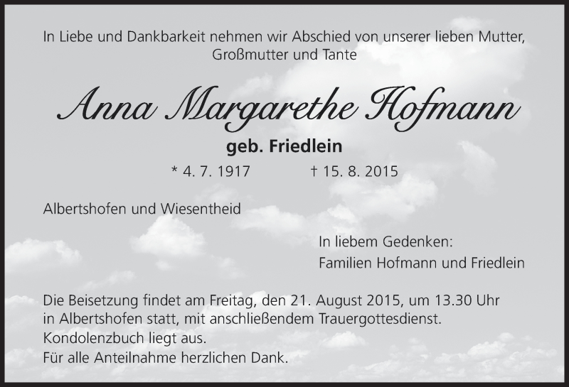  Traueranzeige für Anna Margarethe Hofmann vom 19.08.2015 aus MGO