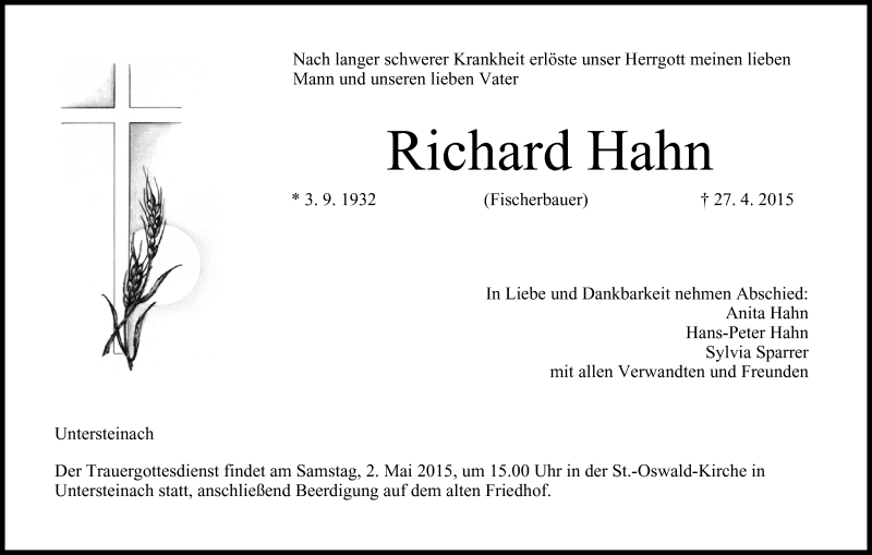  Traueranzeige für Richard Hahn vom 30.04.2015 aus MGO