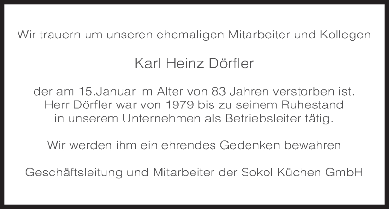  Traueranzeige für Karl Heinz Dörfler vom 21.01.2015 aus MGO