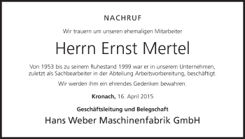 Anzeige von Ernst Mertel von MGO