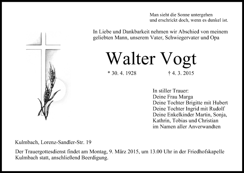  Traueranzeige für Walter Vogt vom 06.03.2015 aus MGO