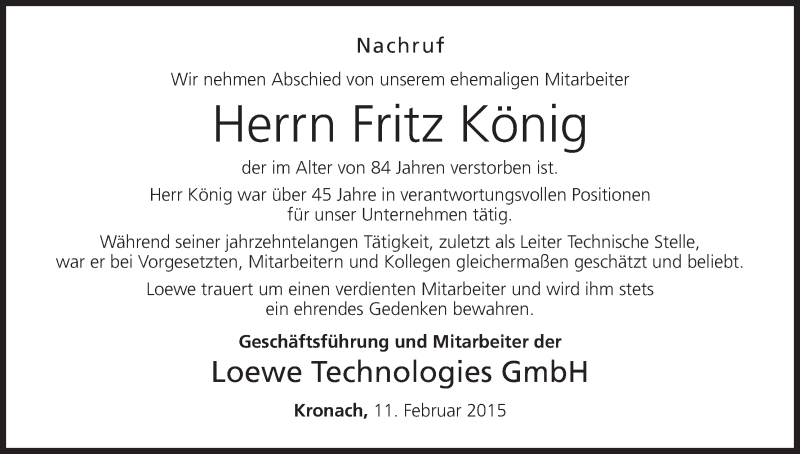  Traueranzeige für Fritz König vom 11.02.2015 aus MGO