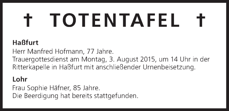  Traueranzeige für Totentafel vom 01.08.2015 vom 01.08.2015 aus MGO