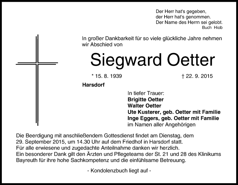  Traueranzeige für Siegward  Oetter vom 26.09.2015 aus MGO