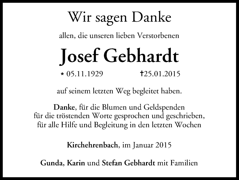  Traueranzeige für Josef Gebhardt vom 07.02.2015 aus MGO